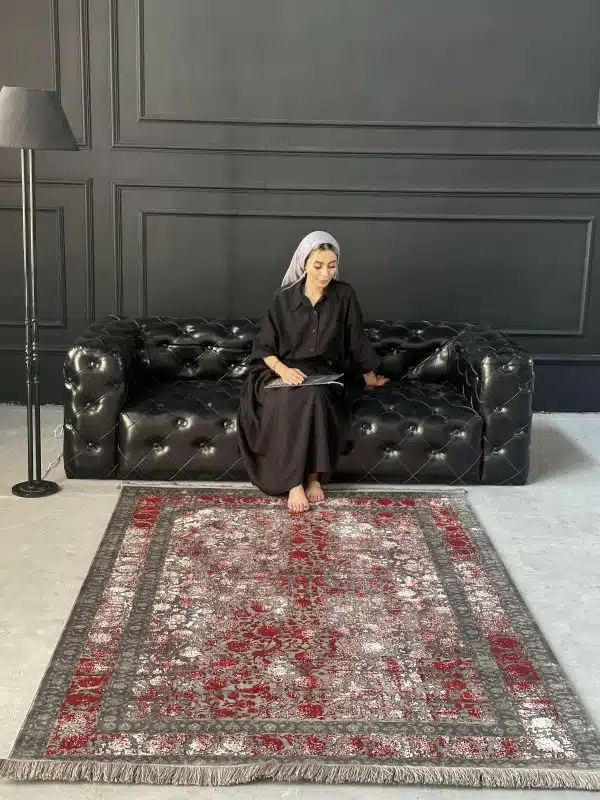 فرش ماشینی 700 شانه افشان خاص کد 73001dl، رنگ زمینه قرمز لاکی - فرش ماشینی 700 شانه افشان خاص، رنگ قرمز لاکی، فرش دایره‌ای، فرش کاشان - تصویر شماره 4