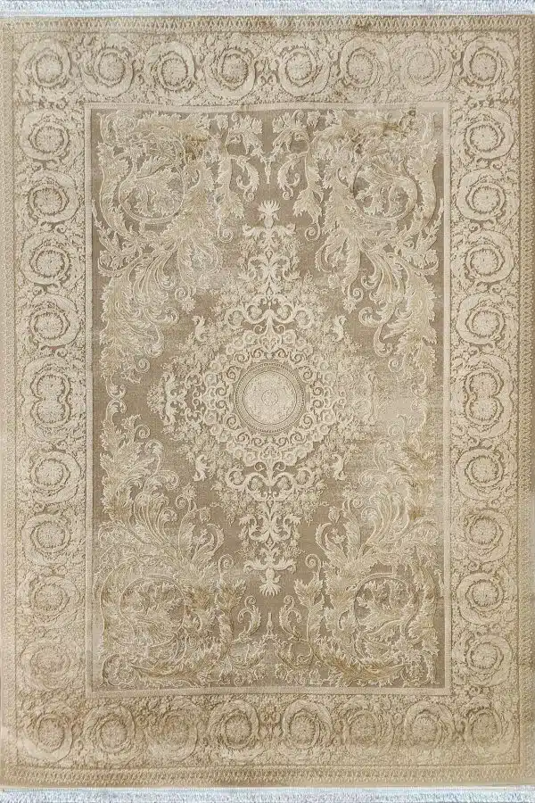 فرش ماشینی 700 شانه طرح ارغوان کرم کد 71200-nt - نمای نزدیک از گل‌های ظریف طرح ارغوان در بافت فرش - تصویر شماره 1